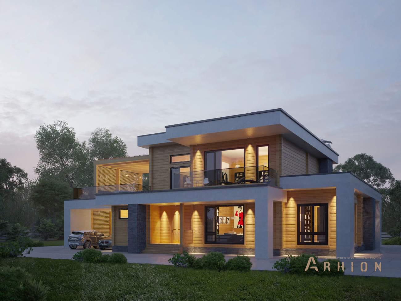 3. Проект двухэтажного дома в стиле хай-тек с плоской кровлей , rh-459, площадью - 459 кв c сауной, терассой, балконом, гаражом